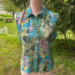 Blue & Green safari & glitter sleeveless button up